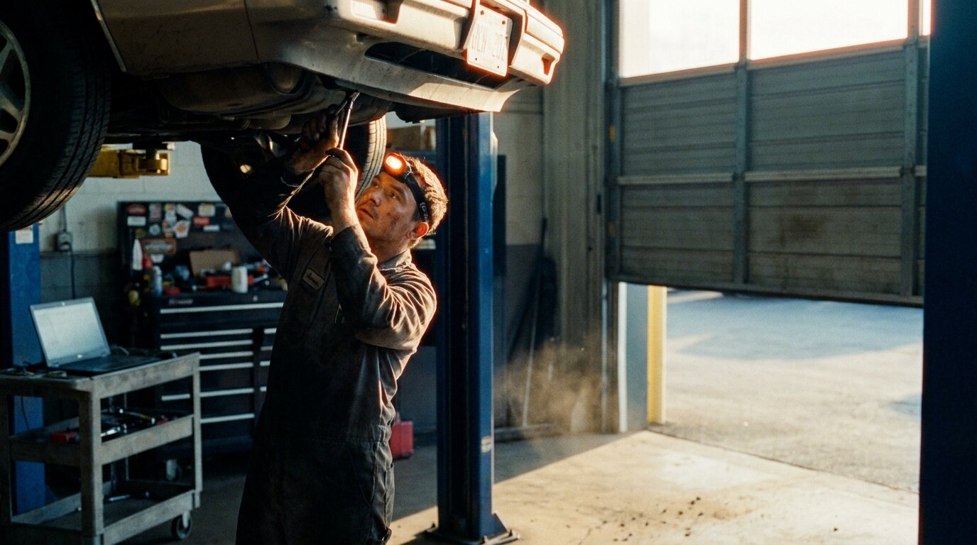 A mechanic under a lifted car in a repair bay at golden hour