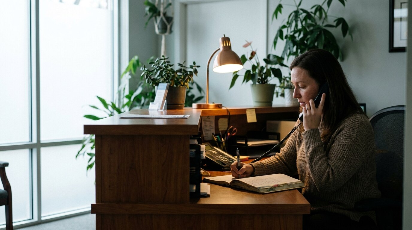 A receptionist at a small practice's front desk, on the phone, writing in the appointment book