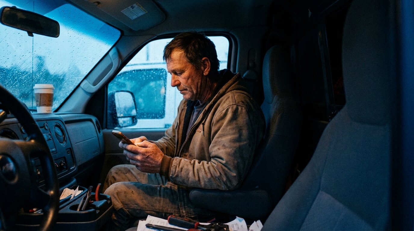 A business owner in the cab of his van at dawn, reading voicemails with a coffee on the dash