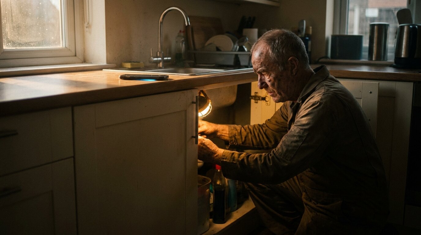 A plumber working under a kitchen sink on a Saturday afternoon while his phone rings face-down on the worktop